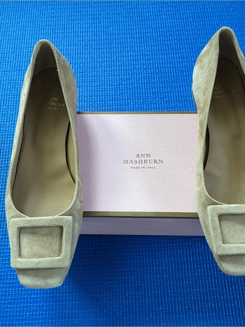 ANN MASHBURN Suede Square-Toe Flats in Tan